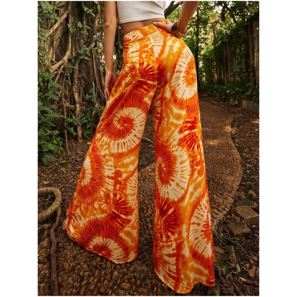 Boho Orange Tie Dye Wide leg Palazzo Pants - Picture 4 of 5